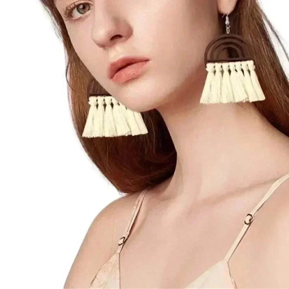 Bohemian Lightweight Colorful Rainbow Wooden Tassel Dangle Drop Earrings